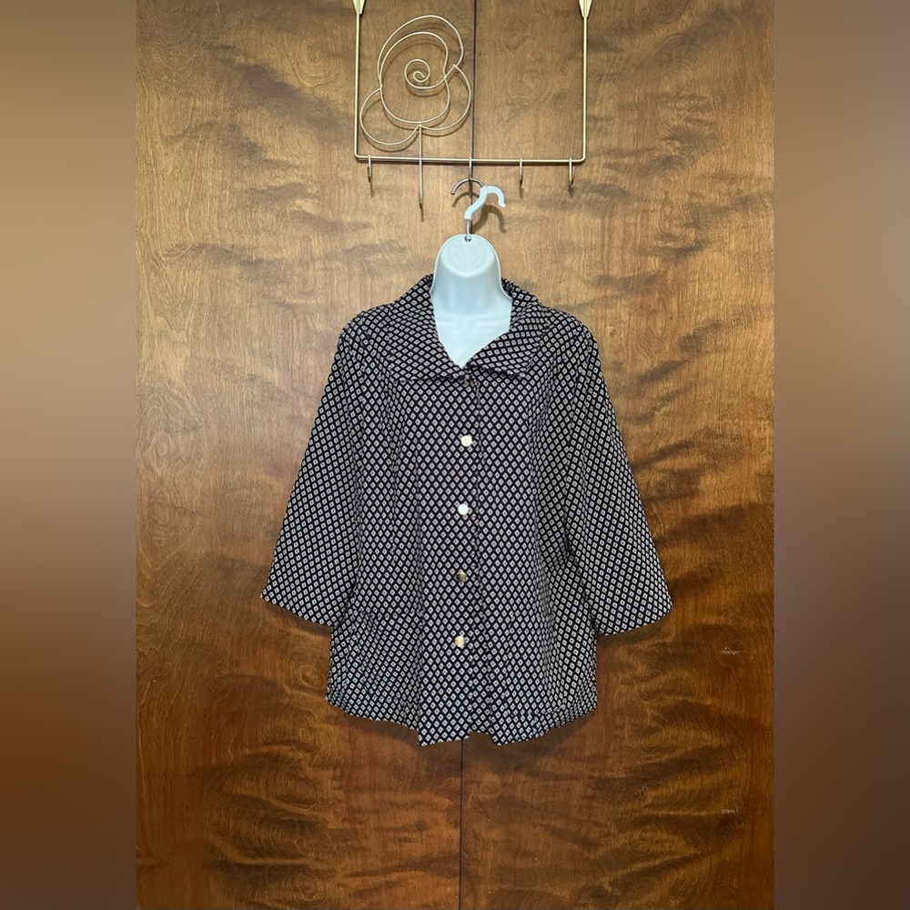 ATTYRE New York Knit Jacket Blazer Womens XL Navy Geometric Print 3/4 Sleeves